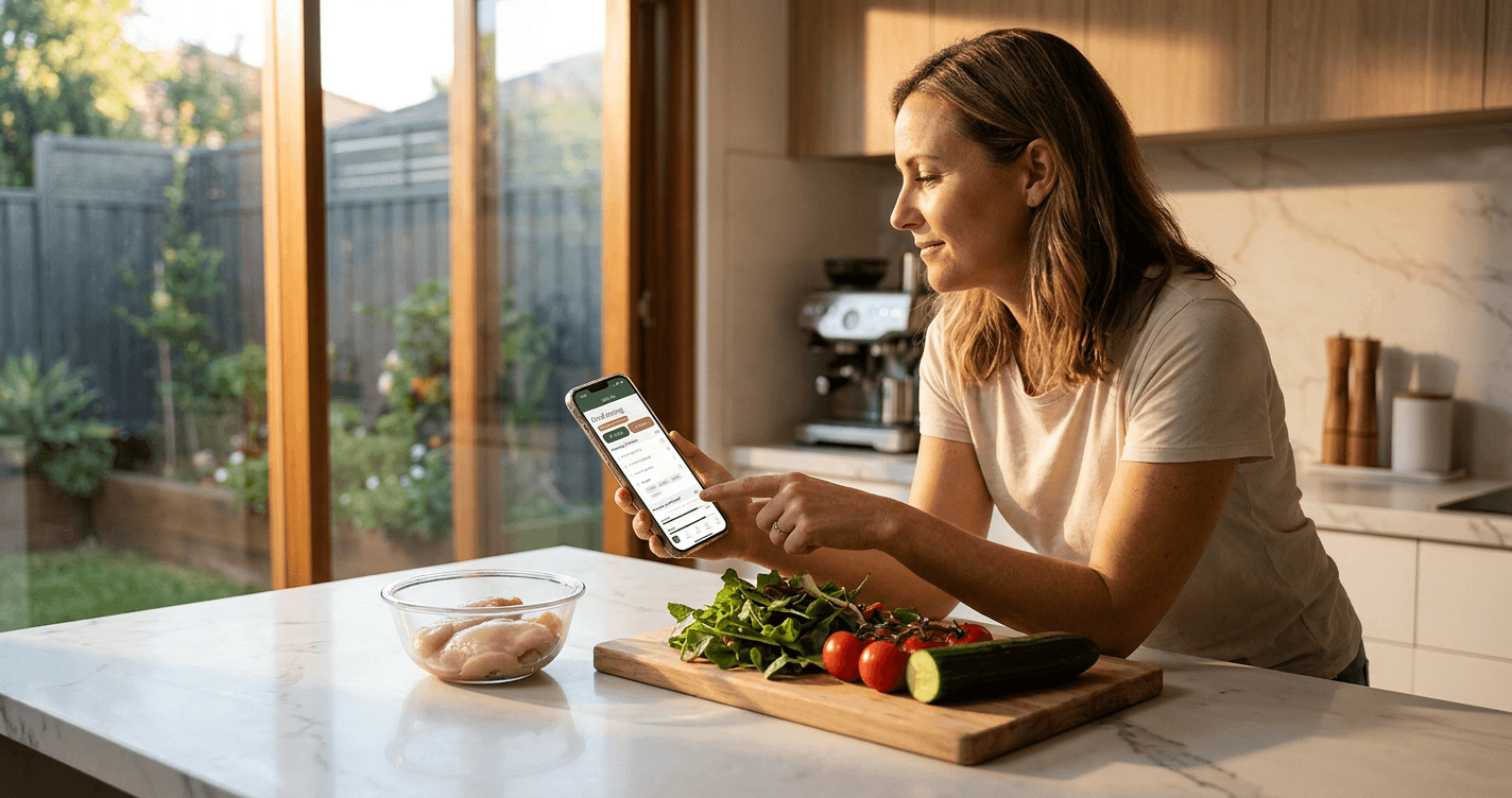 Woman using SBN Life app in her kitchen while preparing a healthy meal
